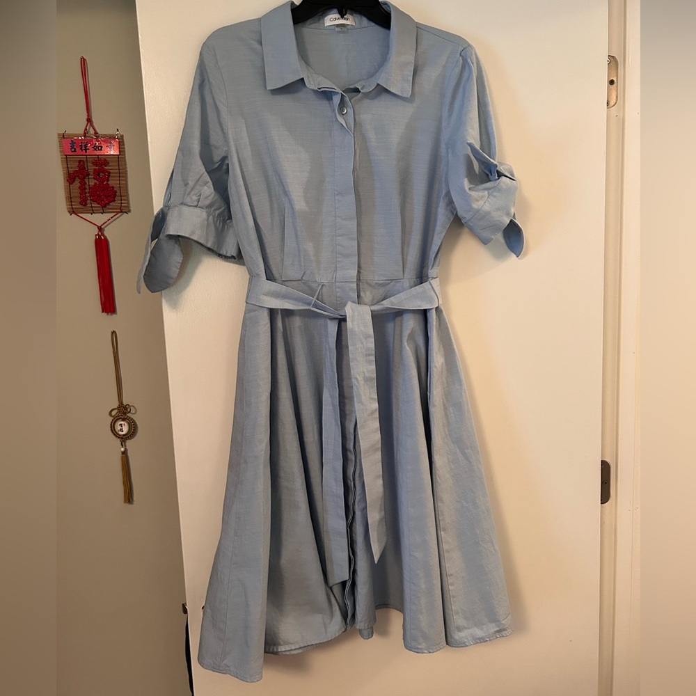 NWOT. Calvin Klein, light blue cotton dress, women’s size 12